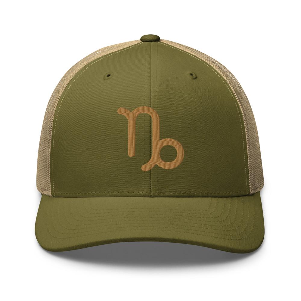 Capricorn Zodiac Embroidered Curved Bill Trucker Hat - Moss/Khaki Color - https://ascensionemporium.net